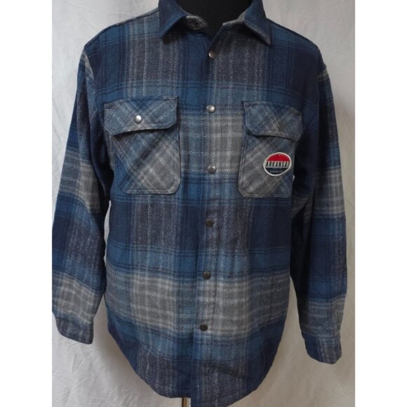 Home Free (L) Blue Plaid Snaps Arkansas Logo Heavyweight Flannel Shacket Shirt - Picture 1 of 15